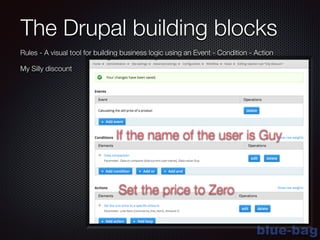 blue-bag
The Drupal building blocks
Rules - A visual tool for building business logic using an Event - Condition - Action
My Silly discount
If the name of the user is Guy
Set the price to Zero
 