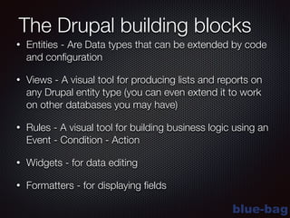 blue-bag
The Drupal building blocks
• Entities - Are Data types that can be extended by code
and conﬁguration
• Views - A visual tool for producing lists and reports on
any Drupal entity type (you can even extend it to work
on other databases you may have)
• Rules - A visual tool for building business logic using an
Event - Condition - Action
• Widgets - for data editing
• Formatters - for displaying ﬁelds
 