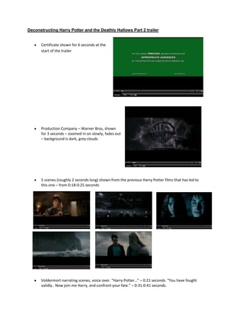 Deconstructing Harry Potter and the Deathly Hallows Part 2 trailer<br />28536901206500<br />,[object Object],324802563500<br />Production Company – Warner Bros, shown for 3 seconds – zoomed in on slowly, fades out – background is dark, grey clouds<br />5 scenes (roughly 2 seconds long) shown from the previous Harry Potter films that has led to this one – from 0:18-0:25 seconds<br />225679014643100017081514681200022574251384300042862501543050019050012573000<br />Voldermort narrating scenes, voice over. “Harry Potter…” – 0:21 seconds. “You have fought validly.. Now join me Harry, and confront your fate.” – 0:31-0:41 seconds.<br />Fast paced cuts used to create suspense, roughly 7/8 cuts used in the space of 2 seconds – 0:41-0:43<br />Slow, calm theme/sound track (sounds chaotic) up till 0:41 seconds – keeps you in suspense, then gets faster and louder when fast, paced cuts are used. Non-digetic sound – sounds adventurous<br />Mixture of slow paced and fast paced cuts<br />Dark lightening throughout – creates suspense, represents dark personalities<br />Story as voice over throughout the trailer – digetic sound of characters speaking<br />463867528956000Genre – Fantasy – Use of magic, wands, broomsticks, dragon and set in a castle <br />302133011747500134302511874500-41910011874500<br />Shows release date – 01:00<br />5473709017000<br />Highlights of important scenes – 01:52-01:55 – Ariel shot of Harry and Voldermort standing at the edge of the building, Harry says to Voldermort (Tom) “Come on Tom, Lets finish this the way we started it, together” – Harry jumps off and take Voldermort with him – At that point you think both of them will die<br />283845057785004286255778500<br />Important information pops out at the screen throughout the trailer – grabs your attention – makes the audience eager to watch it to see what the end result is<br />-80708524352250042291001298575001685290129857500-809625129794000423164016065500167894014922500-80708514859000The cloudy background shows dark times lay ahead. The white clouds represent purity and goodness which contrasts against the black clouds and show evilness and danger. This also shows contrast between the protagonists and antagonists. <br />The close ups and medium clos ups of main characters shows their emotion:<br />37401511239500<br />Shows that they are worried and hiding from someone<br />37147514287500                                                          <br />Shows their mixed emotions, they are scared and have no idea as to what will happen next<br />3238509588500<br />01:20-01:20 – “The boy who lived, come to die” Close up of Voldermort (antagonist) – shows how he eager he is to finally be able to destroy Harry<br />02:13-02:15 – Voldermort’s voice over scene (voice over)  – “Only I can live forever”<br />1371600984250038576259525000<br />Slow paced scene of Voldermort and Harry reaching out for the Elder Wand, which will destroy one of them forever.<br />0:28-0:29 – Quidditch pitch is shown how it used to be<br />4667253429000<br />36099759715500<br />0:30-0:33 – Quidditch pitch – shown how it has become now: burnt down/destroyed – slowly zoomed in on<br />360997511303000<br />Harry Potter – Hero (typical male hero) – protagonist – young, masculine, confident, assertive, determined and on a mission<br />359092511366500Voldermort – typical villain – antagonist – older than Harry, ugly, and dark cloak represents danger<br />3609975762000Ron – another main male character – young and strong<br />392430010731500<br />Hermione – another min character – female, young, pretty, strong, main female heroine<br />-381000-7620000Casting of youthful and ‘pretty’ protagonists is in contrast to the dark, dirty and scruffy appearance of the antagonists to represent who the hero is and who the villain is<br />381002476500<br />“Harry be safe, be strong” , close up of Lily Potter (Harry’s mum) saying it to Harry – shows that something dangerous is going to happen soon<br />295211558420003905255905500<br />29908509461500<br />0:29 – Information about the film, production company in the corner and website<br />Ends with main Harry Potter theme tune used throughout all the films<br />