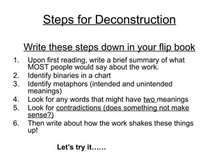 Steps for Deconstruction
Write these steps down in your flip book
1. Upon first reading, write a brief summary of what
MOST people would say about the work.
2. Identify binaries in a chart
3. Identify metaphors (intended and unintended
meanings)
4. Look for any words that might have two meanings
5. Look for contradictions (does something not make
sense?)
6. Then write about how the work shakes these things
up!
Let’s try it……
 