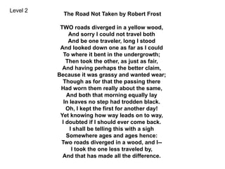The Road Not Taken by Robert Frost
TWO roads diverged in a yellow wood,
And sorry I could not travel both
And be one traveler, long I stood
And looked down one as far as I could
To where it bent in the undergrowth;
Then took the other, as just as fair,
And having perhaps the better claim,
Because it was grassy and wanted wear;
Though as for that the passing there
Had worn them really about the same,
And both that morning equally lay
In leaves no step had trodden black.
Oh, I kept the first for another day!
Yet knowing how way leads on to way,
I doubted if I should ever come back.
I shall be telling this with a sigh
Somewhere ages and ages hence:
Two roads diverged in a wood, and I--
I took the one less traveled by,
And that has made all the difference.
Level 2
 