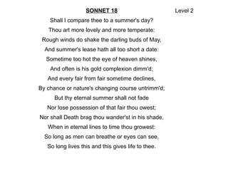 SONNET 18
Shall I compare thee to a summer's day?
Thou art more lovely and more temperate:
Rough winds do shake the darling buds of May,
And summer's lease hath all too short a date:
Sometime too hot the eye of heaven shines,
And often is his gold complexion dimm'd;
And every fair from fair sometime declines,
By chance or nature's changing course untrimm'd;
But thy eternal summer shall not fade
Nor lose possession of that fair thou owest;
Nor shall Death brag thou wander'st in his shade,
When in eternal lines to time thou growest:
So long as men can breathe or eyes can see,
So long lives this and this gives life to thee.
Level 2
 