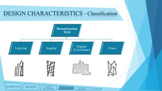 DESIGN CHARACTERISTICS - Classification
Deconstruction
Style

Layering

INTRODUCTION

PHILOSOPHY

Organic
(Curvilinear)

Angular

HISTORICAL
BACKGROUND

CHARACTERISTICS

CRITIQUES

Chaos

 