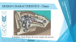 DESIGN CHARACTERISTICS - Chaos
1
2
3

4
5

Corners: Both Right &Acute angles & curves.
INTRODUCTION

PHILOSOPHY

HISTORICAL
BACKGROUND

CHARACTERISTICS

CRITIQUES

 