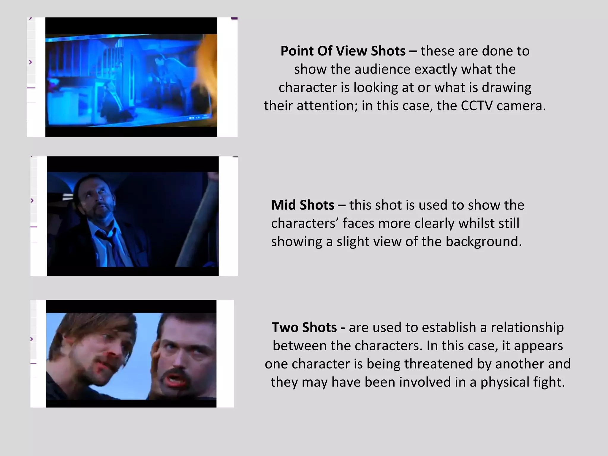 Point Of View Shots – these are done to
     show the audience exactly what the
  character is looking at or what is drawing
their attention; in this case, the CCTV camera.




 Mid Shots – this shot is used to show the
 characters’ faces more clearly whilst still
 showing a slight view of the background.




 Two Shots - are used to establish a relationship
 between the characters. In this case, it appears
one character is being threatened by another and
 they may have been involved in a physical fight.
 