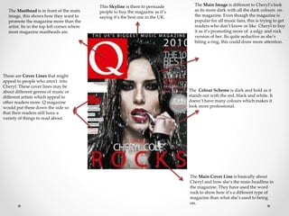 The Masthead is in front of the main 
image, this shows how they want to 
promote the magazine more than the 
artist. Its in the top left corner where 
most magazine mastheads are. 
The Main Image is different to Cheryl’s look 
as its more dark with all the dark colours on 
the magazine. Even though the magazine is 
popular for all music fans, this is trying to get 
readers who don’t know or like Cheryl to buy 
it as it’s promoting more of a edgy and rock 
version of her. Its quite seductive as she’s 
biting a ring, this could draw more attention. 
The Main Cover Line is basically about 
Cheryl and how she’s the main headline in 
the magazine. They have used the word 
rock to show how it’s a different type of 
magazine than what she’s used to being 
on. 
These are Cover Lines that might 
appeal to people who aren't into 
Cheryl. These cover lines may be 
about different genres of music or 
different artists which appeal to 
other readers more. Q magazine 
would put these down the side so 
that their readers still have a 
variety of things to read about. 
This Skyline is there to persuade 
people to buy the magazine as it’s 
saying it’s the best one in the UK. 
The Colour Scheme is dark and bold as it 
stands out with the red, black and white. It 
doesn’t have many colours which makes it 
look more professional. 
 