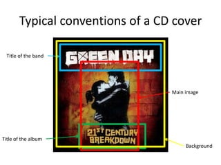 Typical conventions of a CD cover
Title of the band

Main image

Title of the album
Background

 