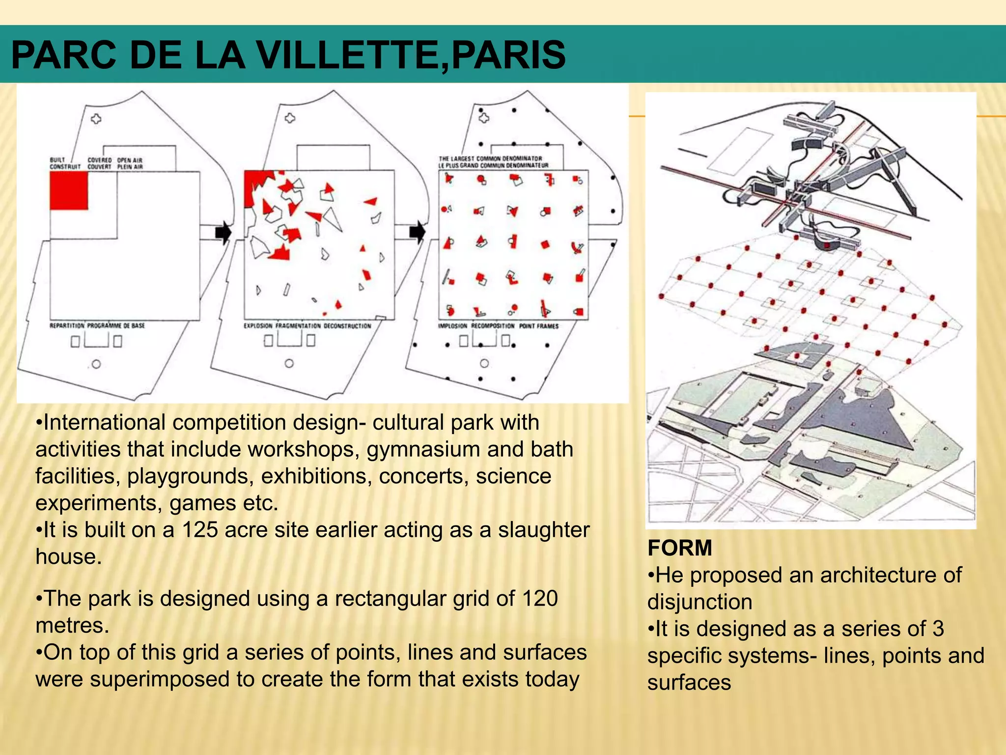 •International competition design- cultural park with
activities that include workshops, gymnasium and bath
facilities, playgrounds, exhibitions, concerts, science
experiments, games etc.
•It is built on a 125 acre site earlier acting as a slaughter
house. FORM
•He proposed an architecture of
disjunction
•It is designed as a series of 3
specific systems- lines, points and
surfaces
PARC DE LA VILLETTE,PARIS
•The park is designed using a rectangular grid of 120
metres.
•On top of this grid a series of points, lines and surfaces
were superimposed to create the form that exists today
 