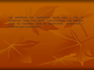 ConceptosEl concepto de diseño está basado en un globo fragmentado en tres partes y rearmado en un sitio, haciendo referencia a los efectos de la guerra en la historia del mundo representando los conflictos en tierra, agua y aire. Remedando la guerra, cada volumen es un gajo que reproduce la curvatura del planeta y crea la inquietante sensación de que un pedazo del mundo se rompió y terminó incrustándose en el puerto de Manchester. Los pabellones que representan tierra, agua y aire, se comportan como tres piezas interconectadas que albergan todas las funciones: salas de exposiciones, restaurantes y espacios para espectáculos. La cubierta de aluminio con estructura de acero presenta una geometría asimétrica y formas libres ondulantes. 