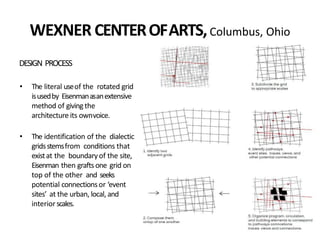 WEXNER CENTEROFARTS,Columbus, Ohio
DESIGN PROCESS
• The literal useof the rotated grid
isusedby Eisenmanasanextensive
method of giving the
architecture its ownvoice.
• The identification of the dialectic
gridsstemsfrom conditions that
existat the boundaryof the site,
Eisenman then grafts one grid on
top of the other and seeks
potential connectionsor ‘event
sites’ at the urban, local, and
interiorscales.
 