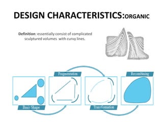 DESIGN CHARACTERISTICS:ORGANIC
Definition: essentially consist of complicated
sculptured volumes with curvy lines.
 