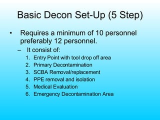 Basic Decon Set-Up (5 Step) Requires a minimum of 10 personnel preferably 12 personnel. It consist of: Entry Point with tool drop off area Primary Decontamination SCBA Removal/replacement PPE removal and isolation Medical Evaluation Emergency Decontamination Area 