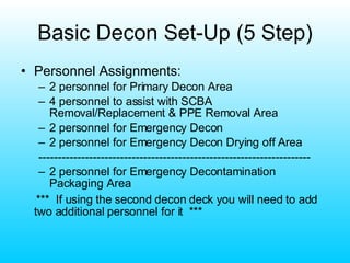Basic Decon Set-Up (5 Step) Personnel Assignments: 2 personnel for Primary Decon Area 4 personnel to assist with SCBA Removal/Replacement & PPE Removal Area 2 personnel for Emergency Decon 2 personnel for Emergency Decon Drying off Area ---------------------------------------------------------------------- 2 personnel for Emergency Decontamination Packaging Area ***  If using the second decon deck you will need to add two additional personnel for it  *** 