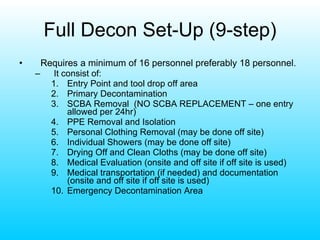 Full Decon Set-Up (9-step) Requires a minimum of 16 personnel preferably 18 personnel.  It consist of: Entry Point and tool drop off area Primary Decontamination SCBA Removal  (NO SCBA REPLACEMENT – one entry allowed per 24hr) PPE Removal and Isolation Personal Clothing Removal (may be done off site) Individual Showers (may be done off site) Drying Off and Clean Cloths (may be done off site) Medical Evaluation (onsite and off site if off site is used) Medical transportation (if needed) and documentation (onsite and off site if off site is used) Emergency Decontamination Area 