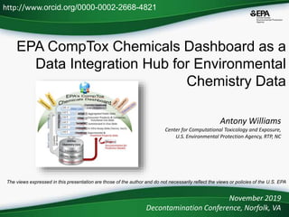 EPA CompTox Chemicals Dashboard as a
Data Integration Hub for Environmental
Chemistry Data
Antony Williams
Center for Computational Toxicology and Exposure,
U.S. Environmental Protection Agency, RTP, NC
November 2019
Decontamination Conference, Norfolk, VA
http://www.orcid.org/0000-0002-2668-4821
The views expressed in this presentation are those of the author and do not necessarily reflect the views or policies of the U.S. EPA
 