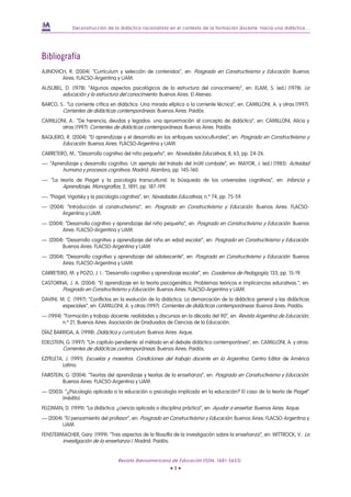 Deconstrucción de la didáctica racionalista en el contexto de la formación docente. Hacia una didáctica...




Bibliografía
AJINOVICH, R. (2004): “Currículum y selección de contenidos”, en: Posgrado en Constructivismo y Educación. Buenos
        Aires: FLACSO-Argentina y UAM.
AUSUBEL, D. (1978): “Algunos aspectos psicológicos de la estructura del conocimiento”, en: ELAM, S. (ed.) (1978): La
        educación y la estructura del conocimiento. Buenos Aires: El Ateneo.
BARCO, S.: “La corriente crítica en didáctica. Una mirada elíptica a la corriente técnica”, en: CAMILLONI, A. y otras (1997):
        Corrientes de didácticas contemporáneas. Buenos Aires: Paidós.
CAMILLONI, A.: “De herencia, deudas y legados: una aproximación al concepto de didáctica”, en: CAMILLONI, Alicia y
       otras (1997): Corrientes de didácticas contemporáneas. Buenos Aires: Paidós.
BAQUERO, R. (2004): “El aprendizaje y el desarrollo en los enfoques socioculturales”, en: Posgrado en Constructivismo y
       Educación. Buenos Aires: FLACSO-Argentina y UAM.
CARRETERO, M.: “Desarrollo cognitivo del niño pequeño”, en: Novedades Educativas, 8, 63, pp. 24-26.
—: “Aprendizaje y desarrollo cognitivo. Un ejemplo del tratado del inútil combate”, en: MAYOR, J. (ed.) (1985): Actividad
        humana y procesos cognitivos. Madrid: Alambra, pp. 145-160.
—: “La teoría de Piaget y la psicología transcultural: la búsqueda de los universales cognitivos”, en: Infancia y
        Aprendizaje, Monografías, 2, 1891, pp. 187-199.
—: “Piaget, Vigotsky y la psicología cognitiva”, en: Novedades Educativas, n.º 74, pp. 75-59.
— (2004): “Introducción al constructivismo”, en: Posgrado en Constructivismo y Educación. Buenos Aires: FLACSO-
       Argentina y UAM.
— (2004): “Desarrollo cognitivo y aprendizaje del niño pequeño”, en: Posgrado en Constructivismo y Educación. Buenos
        Aires: FLACSO-Argentina y UAM.
— (2004): “Desarrollo cognitivo y aprendizaje del niño en edad escolar”, en: Posgrado en Constructivismo y Educación.
        Buenos Aires: FLACSO-Argentina y UAM.
— (2004): “Desarrollo cognitivo y aprendizaje del adolescente”, en: Posgrado en Constructivismo y Educación. Buenos
        Aires: FLACSO-Argentina y UAM.
CARRETERO, M. y POZO, J. I.: “Desarrollo cognitivo y aprendizaje escolar”, en: Cuadernos de Pedagogía, 133, pp. 15-19.
CASTORINA, J. A. (2004): “El aprendizaje en la teoría psicogenética. Problemas teóricos e implicancias educativas.”, en:
        Posgrado en Constructivismo y Educación. Buenos Aires: FLACSO-Argentina y UAM.
DAVINI, M. C. (1997): “Conflictos en la evolución de la didáctica. La demarcación de la didáctica general y las didácticas
         especiales”, en: CAMILLONI, A. y otras (1997): Corrientes de didácticas contemporáneas. Buenos Aires: Paidós.
— (1994): “Formación y trabajo docente: realidades y discursos en la década del 90”, en: Revista Argentina de Educación,
         n.º 21, Buenos Aires: Asociación de Graduados de Ciencias de la Educación.
DÍAZ BARRIGA, A. (1998): Didáctica y currículum. Buenos Aires: Aique.
EDELSTEIN, G. (1997): “Un capítulo pendiente: el método en el debate didáctico contemporáneo”, en: CAMILLONI, A. y otras:
         Corrientes de didácticas contemporáneas. Buenos Aires: Paidós.
EZPELETA, J. (1991): Escuelas y maestros. Condiciones del trabajo docente en la Argentina. Centro Editor de América
         Latina.
FAIRSTEIN, G. (2004): “Teorías del aprendizaje y teorías de la enseñanza”, en: Posgrado en Constructivismo y Educación.
         Buenos Aires: FLACSO-Argentina y UAM.
— (2003): “¿Psicología aplicada a la educación o psicología implicada en la educación? El caso de la teoría de Piaget”
        (inédito).
FELDMAN, D. (1999): “La didáctica: ¿ciencia aplicada o disciplina práctica”, en: Ayudar a enseñar. Buenos Aires: Aique.
— (2004): “El pensamiento del profesor”, en: Posgrado en Constructivismo y Educación. Buenos Aires: FLACSO-Argentina y
         UAM.
FENSTERMACHER, Gary: (1999): “Tres aspectos de la filosofía de la investigación sobre la enseñanza”, en: WITTROCK, V.: La
        investigación de la enseñanza I. Madrid: Paidós.


                                   Revista Iberoamericana de Educación (ISSN: 1681-5653)
                                                            •9•
 