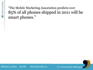 “The Mobile Marketing Association predicts over 85% of all phones shipped in 2011 will be smart phones.”<br />