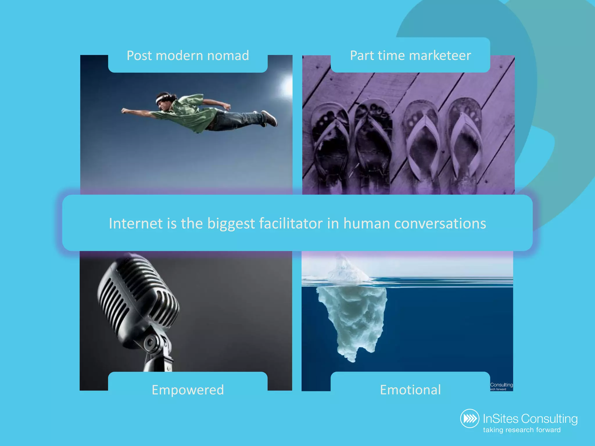 Part time marketeerPost modern nomadInternet is the biggestfacilitator in humanconversationsEmotionalEmpowered