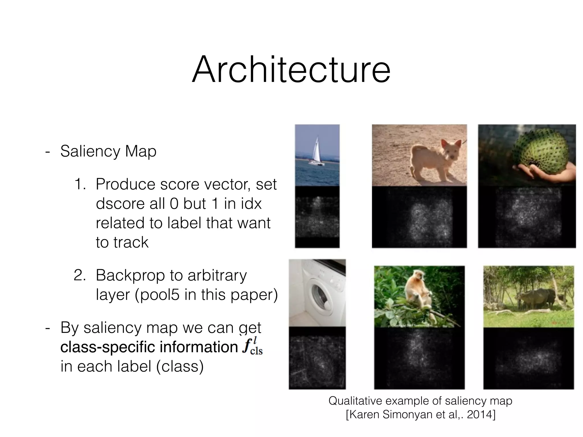 Architecture
- Saliency Map
1. Produce score vector, set
dscore all 0 but 1 in idx
related to label that want
to track
2. Backprop to arbitrary
layer (pool5 in this paper)
- By saliency map we can get
class-speciﬁc information  
in each label (class)
Qualitative example of saliency map  
[Karen Simonyan et al,. 2014]
 