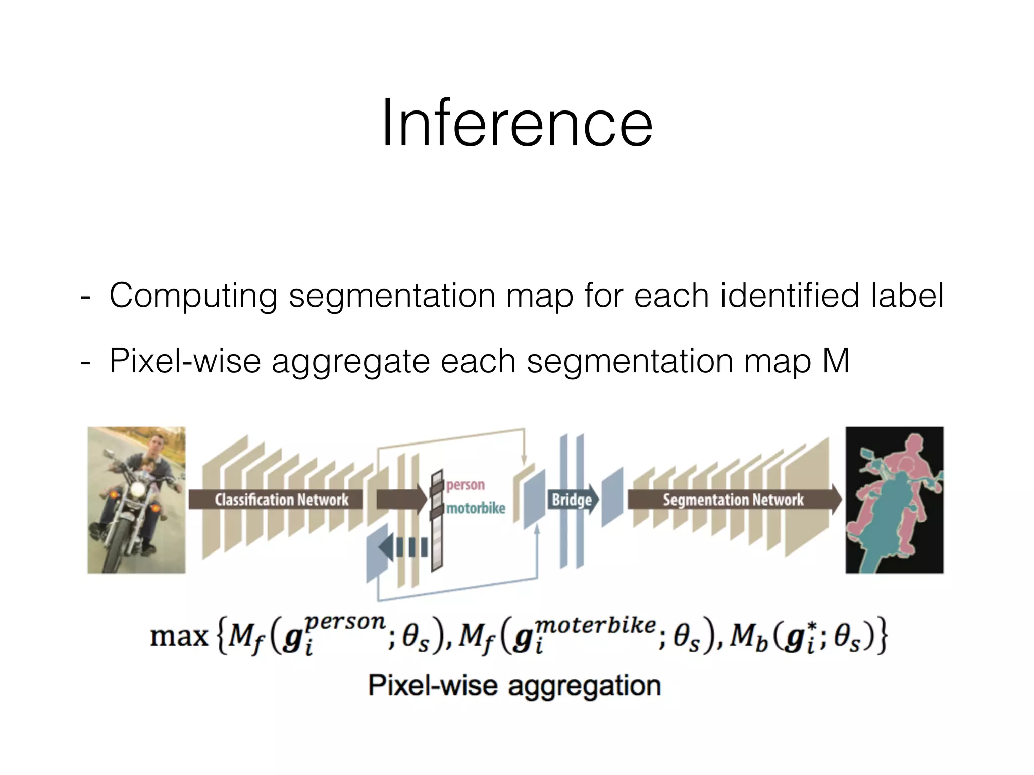 Inference
- Computing segmentation map for each identiﬁed label
- Pixel-wise aggregate each segmentation map M
 