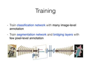 Training
- Train classiﬁcation network with many image-level
annotation
- Train segmentation network and bridging layers with
few pixel-level annotation
 