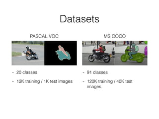 PASCAL VOC
- 20 classes
- 12K training / 1K test images 
MS COCO
- 91 classes
- 120K training / 40K test 
images
Datasets
 