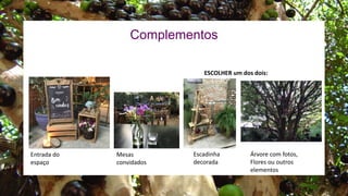Entrada do
espaço
Escadinha
decorada
Árvore com fotos,
Flores ou outros
elementos
ESCOLHER um dos dois:
Mesas
convidados
Complementos
 