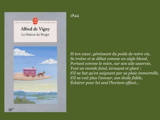 1844
Si ton cœur, gémissant du poids de notre vie,
Se traîne et se débat comme un aigle blessé,
Portant comme le mien, sur son aile asservie,
Tout un monde fatal, écrasant et glacé ;
S’il ne bat qu’en saignant par sa plaie immortelle,
S’il ne voit plus l’amour, son étoile fidèle,
Éclairer pour lui seul l’horizon effacé...
 