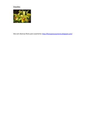 Orquídea:




Site com diversas flores para casamento: http://floresparacasamento.blogspot.com/
 
