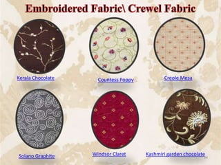 Kashmiri garden chocolateSolano Graphite Windsor Claret
Countess Poppy Creole MesaKerala Chocolate
94
 