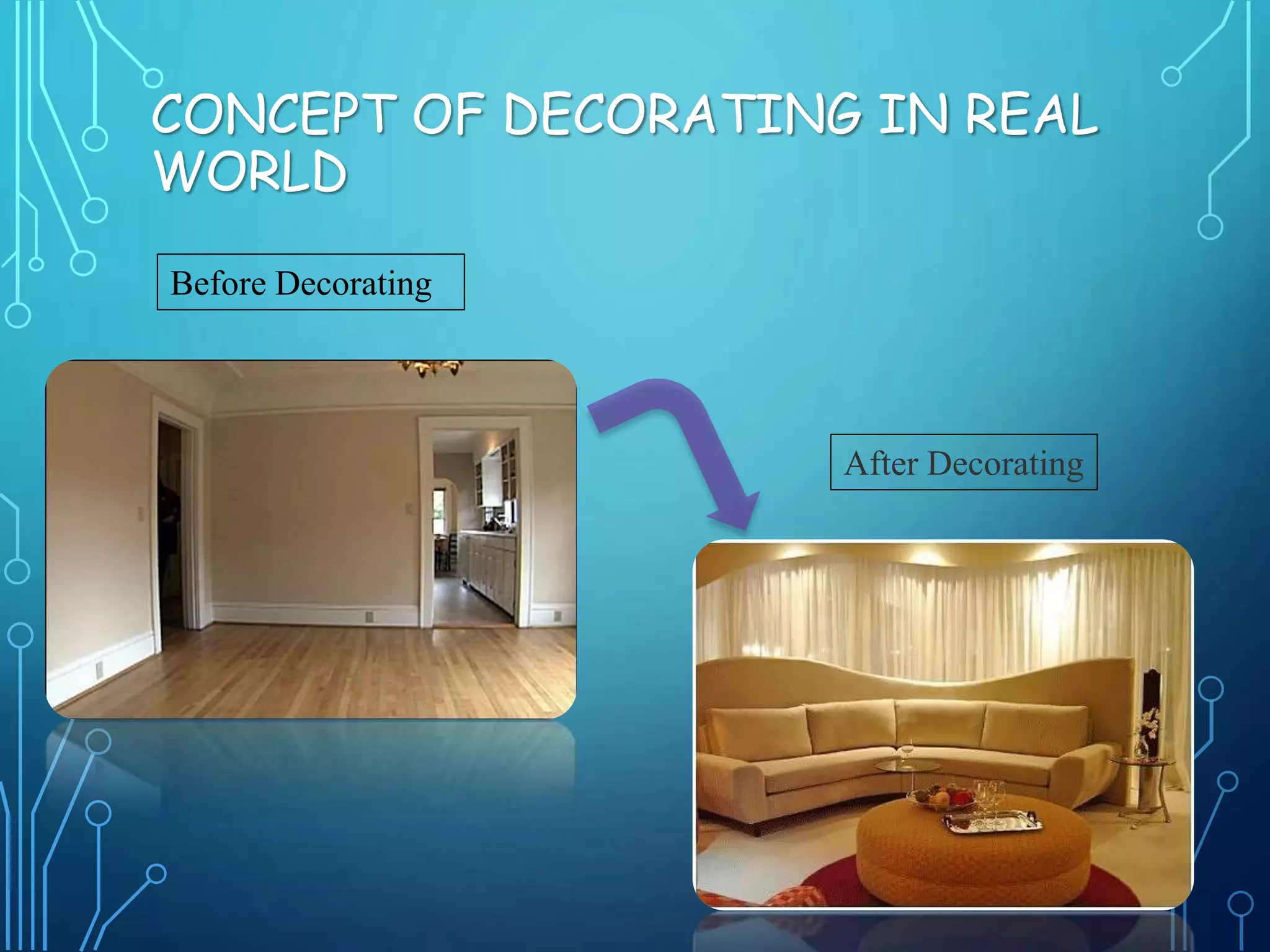 CONCEPT OF DECORATING IN REAL
WORLD
Before Decorating
After Decorating
 