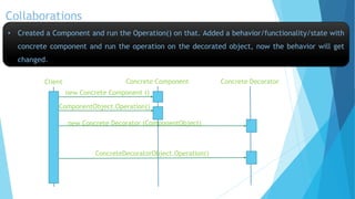 Collaborations
• Created a Component and run the Operation() on that. Added a behavior/functionality/state with
concrete component and run the operation on the decorated object, now the behavior will get
changed.
Client Concrete Component Concrete Decorator
new Concrete Component ()
ComponentObject.Operation()
new Concrete Decorator (ComponentObject)
ConcreteDecoratorObject.Operation()
 