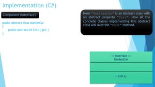 Implementation (C#)
Component (Interface)
public abstract class UselessCar
{
public abstract int Cost { get; }
}
Here “UselessCar” is an abstract class with
an abstract property “Cost”. Now all the
concrete classes implementing this abstract
class will override “Cost” method.
<< interface >>
UselessCar
+ Cost ()
 