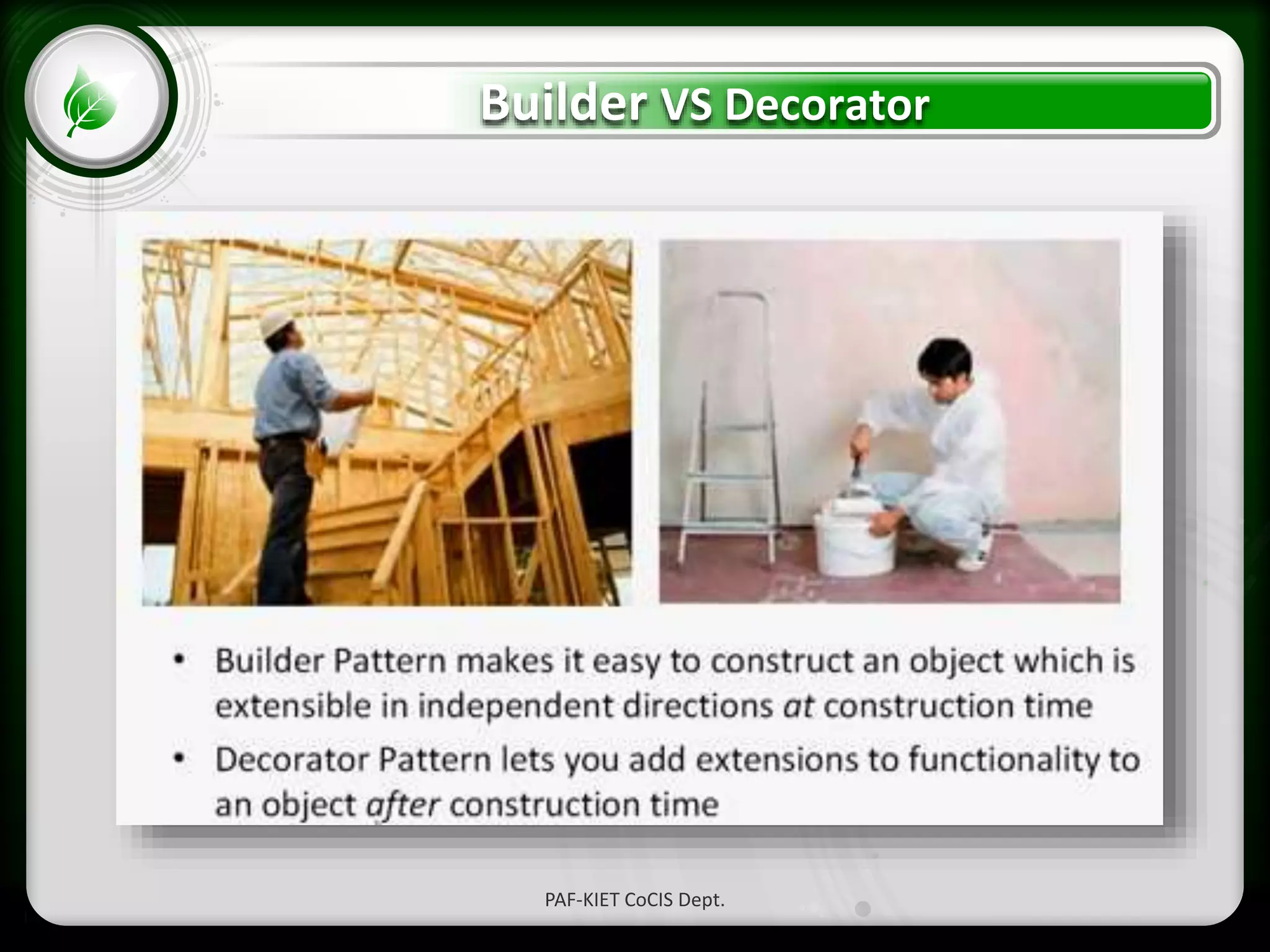 • Click to edit Master text styles
– Second level
• Third level
– Fourth level
» Fifth level
Builder VS Decorator
PAF-KIET CoCIS Dept.
 