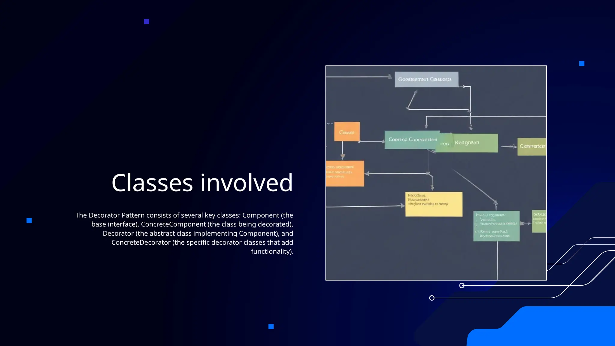 Classes involved
The Decorator Pattern consists of several key classes: Component (the
base interface), ConcreteComponent (the class being decorated),
Decorator (the abstract class implementing Component), and
ConcreteDecorator (the specific decorator classes that add
functionality).
 