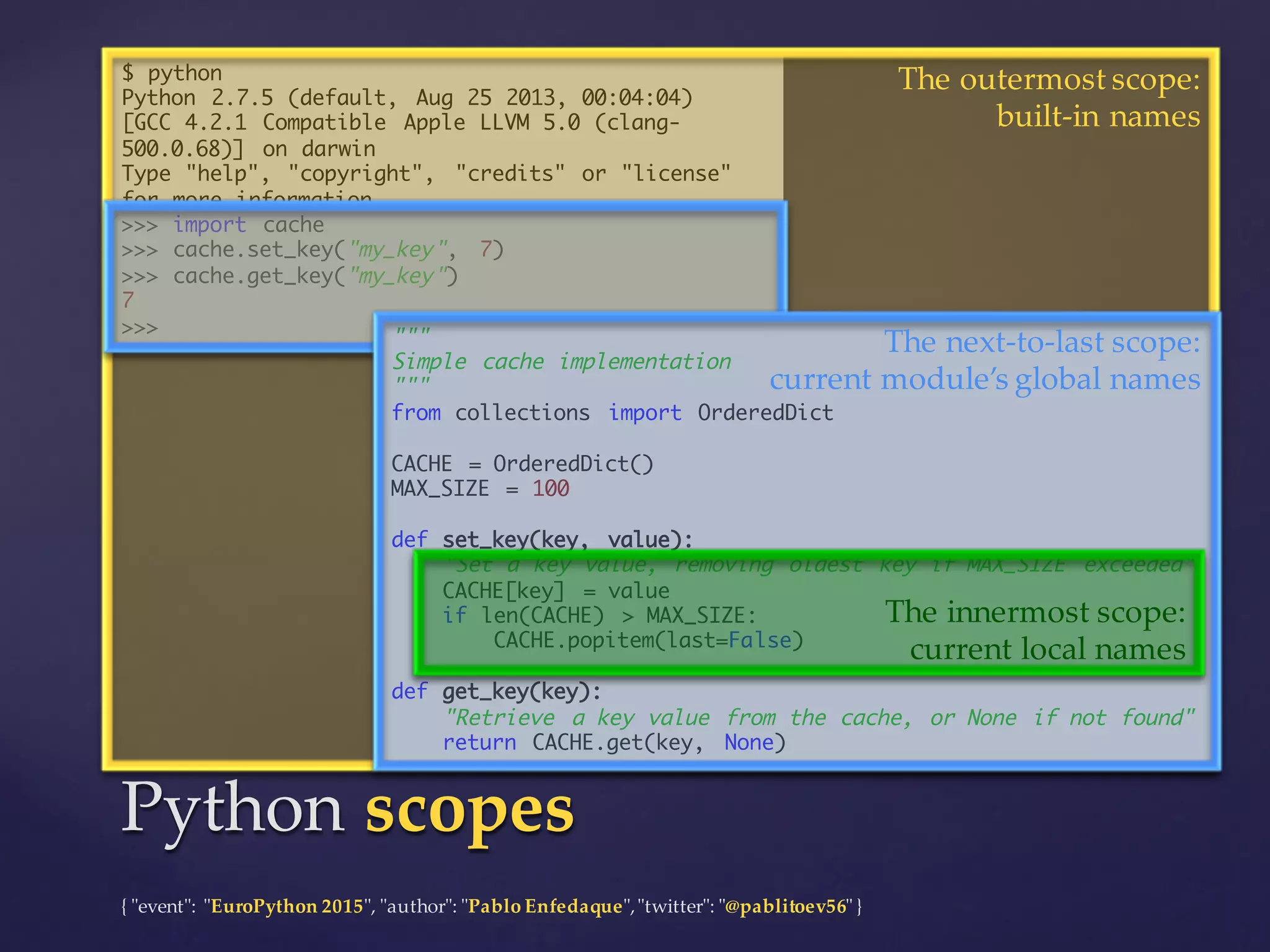 {  "ʺevent"ʺ:  "ʺEuroPython 2015"ʺ,  "ʺauthor"ʺ:  "ʺPablo  Enfedaque"ʺ,  "ʺtwitter"ʺ:  "ʺ@pablitoev56"ʺ  }
$ python
Python 2.7.5 (default, Aug 25 2013, 00:04:04)
[GCC 4.2.1 Compatible Apple LLVM 5.0 (clang-
500.0.68)] on darwin
Type "help", "copyright", "credits" or "license"
for more information.
>>> import cache
>>> cache.set_key("my_key", 7)
>>> cache.get_key("my_key")
7
>>>
Python  scopesPython  scopes
"""
Simple cache implementation
"""
from collections import OrderedDict
CACHE = OrderedDict()
MAX_SIZE = 100
def set_key(key, value):
"Set a key value, removing oldest key if MAX_SIZE exceeded"
CACHE[key] = value
if len(CACHE) > MAX_SIZE:
CACHE.popitem(last=False)
def get_key(key):
"Retrieve a key value from the cache, or None if not found"
return CACHE.get(key, None)
The  outermost  scope:
built-­‐‑in  names
The  next-­‐‑to-­‐‑last  scope:
current  module’s  global  names
The  innermost  scope:
current  local  names
 