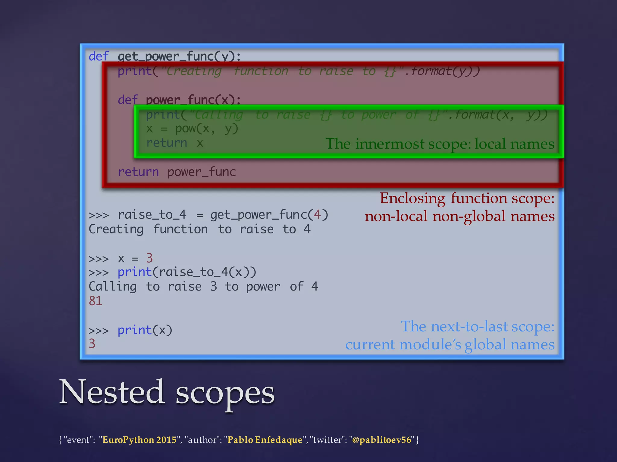 {  "ʺevent"ʺ:  "ʺEuroPython 2015"ʺ,  "ʺauthor"ʺ:  "ʺPablo  Enfedaque"ʺ,  "ʺtwitter"ʺ:  "ʺ@pablitoev56"ʺ  }
def get_power_func(y):
print("Creating function to raise to {}".format(y))
def power_func(x):
print("Calling to raise {} to power of {}".format(x, y))
x = pow(x, y)
return x
return power_func
>>> raise_to_4 = get_power_func(4)
Creating function to raise to 4
>>> x = 3
>>> print(raise_to_4(x))
Calling to raise 3 to power of 4
81
>>> print(x)
3
Nested  scopesNested  scopes
The  next-­‐‑to-­‐‑last  scope:
current  module’s  global  names
Enclosing  function  scope:
non-­‐‑local  non-­‐‑global  names
The  innermost  scope:  local  names
 