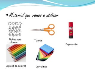 Material que vamos a utilizar Fichas para colorear Tijeras Pegamento Lápices de colores Cartulinas 