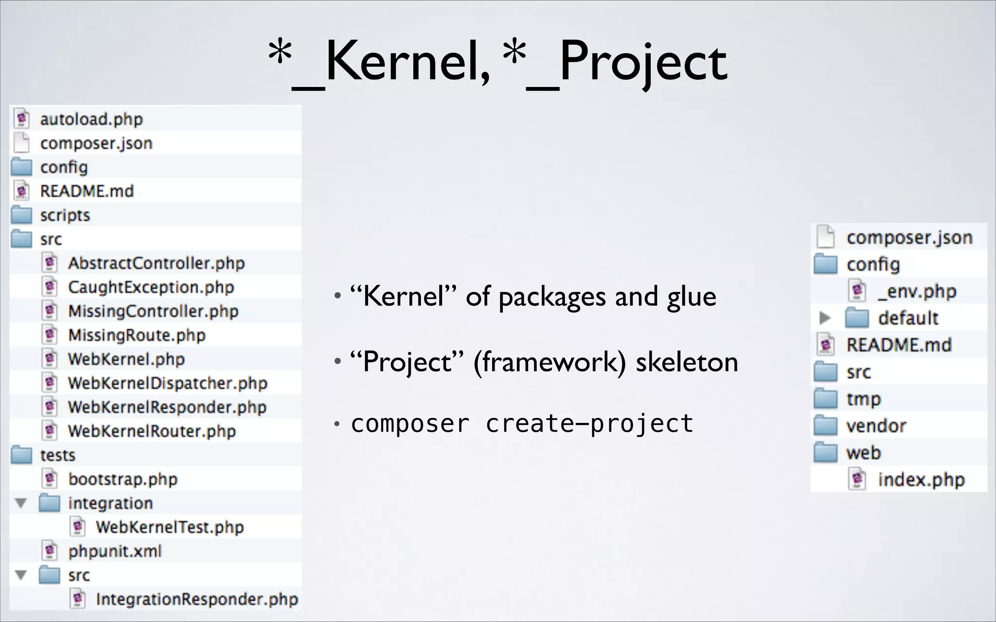 *_Kernel, *_Project

•

“Kernel” of packages and glue	


•

“Project” (framework) skeleton	


•

composer create-project

 