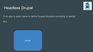 Headless Drupal
First step is again same to define Drupal structure according to design.
But…
Drupal
 