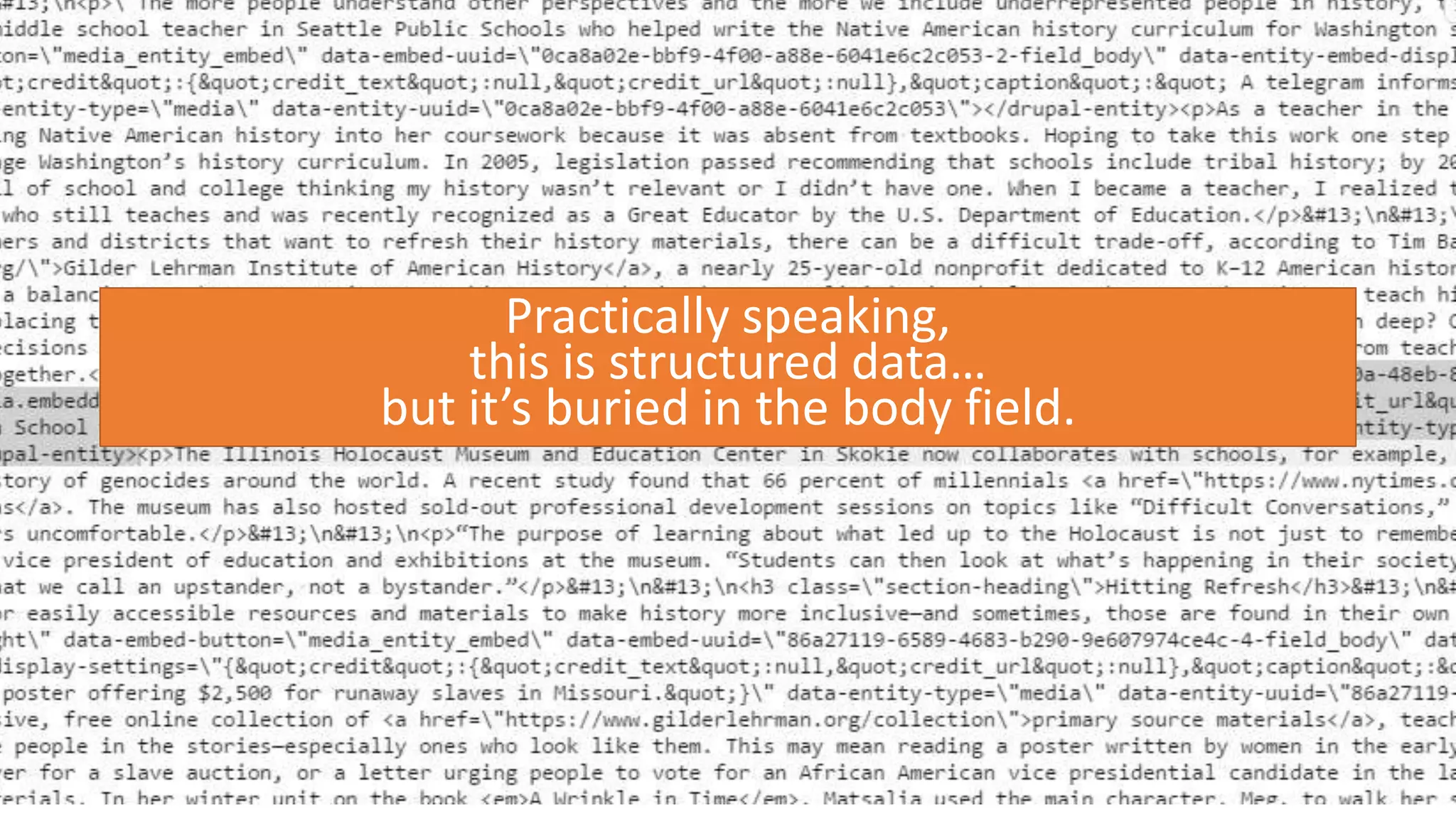 Practically speaking,
this is structured data…
but it’s buried in the body field.
 