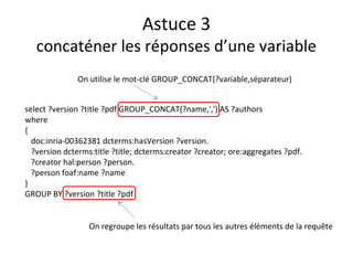 Astuce 3
concaténer les réponses d’une variable
select ?version ?title ?pdf GROUP_CONCAT(?name,',') AS ?authors
where
{
doc:inria-00362381 dcterms:hasVersion ?version.
?version dcterms:title ?title; dcterms:creator ?creator; ore:aggregates ?pdf.
?creator hal:person ?person.
?person foaf:name ?name
}
GROUP BY ?version ?title ?pdf
On regroupe les résultats par tous les autres éléments de la requête
On utilise le mot-clé GROUP_CONCAT(?variable,séparateur)
 