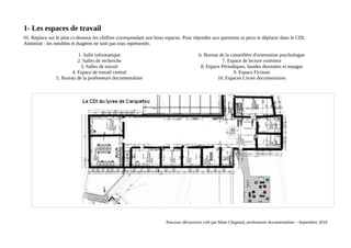 1- Les espaces de travail
01. Replace sur le plan ci-dessous les chiffres correspondant aux bons espaces. Pour répondre aux questions tu peux te déplacer dans le CDI.
Attention : les meubles et étagères ne sont pas tous représentés.
1. Salle informatique
2. Salles de recherche
3. Salles de travail
4. Espace de travail central
5. Bureau de la professeure documentaliste
6. Bureau de la conseillère d'orientation psychologue
7. Espace de lecture extérieur
8. Espace Périodiques, bandes dessinées et mangas
9. Espace Fictions
10. Espaces Livres documentaires
Parcours découverte créé par Mme Chignard, professeure documentaliste – Septembre 2018
 