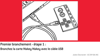 Branchez la carte Makey Makey avec le câble USB
Premier branchement - étape 1 :
Julien Devriendt - CC BY-SA-NC
 