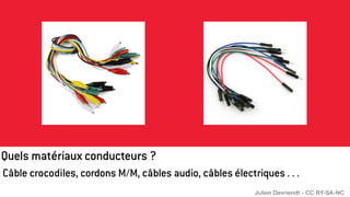 Câble crocodiles, cordons M/M, câbles audio, câbles électriques . . .
Quels matériaux conducteurs ?
Julien Devriendt - CC BY-SA-NC
 