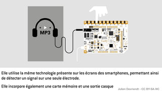 Elle utilise la même technologie présente sur les écrans des smartphones, permettant ainsi
de détecter un signal sur une seule électrode.
Elle incorpore également une carte mémoire et une sortie casque Julien Devriendt - CC BY-SA-NC
 
