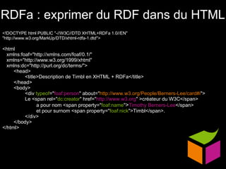 RDFa : exprimer du RDF dans du HTML <!DOCTYPE html PUBLIC "-//W3C//DTD XHTML+RDFa 1.0//EN"  "http://www.w3.org/MarkUp/DTD/xhtml-rdfa-1.dtd">  <html xmlns:foaf="http://xmlns.com/foaf/0.1/" xmlns="http://www.w3.org/1999/xhtml" xmlns:dc="http://purl.org/dc/terms/"> <head> <title>Description de Timbl en XHTML + RDFa</title> </head> <body> <div  typeof =" foaf:person " about=" http://www.w3.org/People/Berners-Lee/card#i "> Le <span rel=" dc:creator " href=" http://www.w3.org "   >créateur du W3C</span>  a pour nom <span property=" foaf:name " > Timothy Berners-Lee </span> et pour surnom <span property=" foaf:nick ">Timbl</span>. </div> </body> </html> 