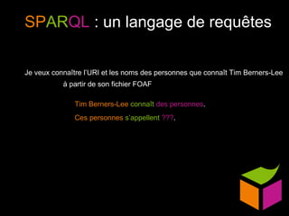 SP AR QL  : un langage de requêtes Tim Berners-Lee   connaît   des personnes . Ces personnes   s’appellent   ??? . Je veux connaître l’URI et les noms des personnes que connaît Tim Berners-Lee à partir de son fichier FOAF 