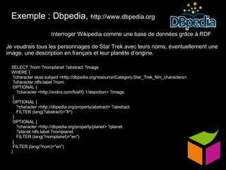 Exemple : Dbpedia,  http://www.dbpedia.org Interroger Wikipedia comme une base de données grâce à RDF Je voudrais tous les personnages de Star Trek avec leurs noms, éventuellement une image, une description en français et leur planète d’origine. SELECT ?nom ?nomplanet ?abstract ?image  WHERE { ?character skos:subject <http://dbpedia.org/resource/Category:Star_Trek_film_characters>. ?character rdfs:label ?nom. OPTIONAL { ?character <http://xmlns.com/foaf/0.1/depiction> ?image. } OPTIONAL { ?character <http://dbpedia.org/property/abstract> ?abstract. FILTER (lang(?abstract)="fr") } OPTIONAL { ?character <http://dbpedia.org/property/planet> ?planet. ?planet rdfs:label ?nomplanet. FILTER (lang(?nomplanet)="en") } FILTER (lang(?nom)="en") } 