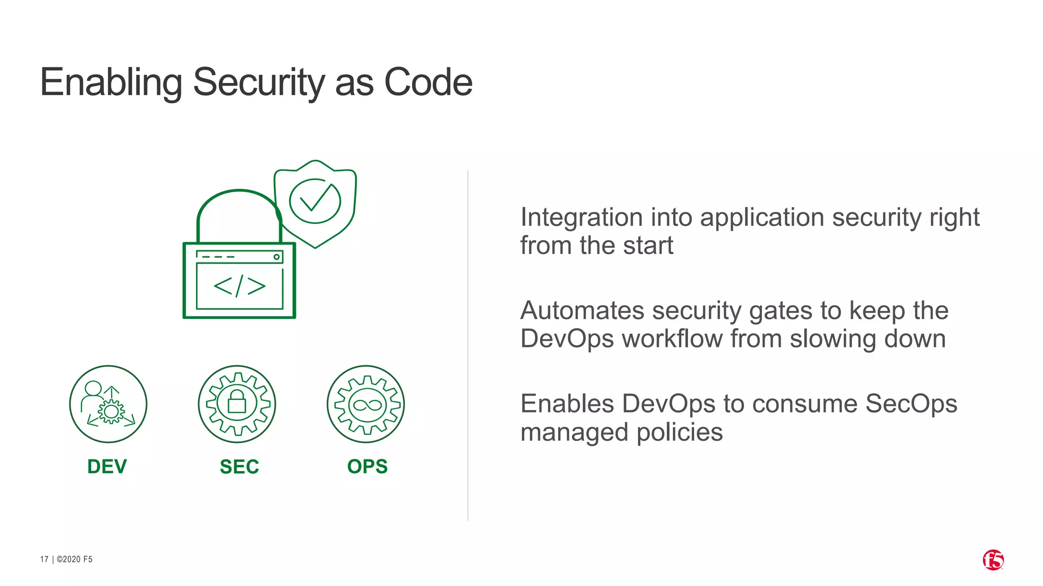 | ©2020 F517
Enabling Security as Code
Integration into application security right
from the start
Automates security gates to keep the
DevOps workflow from slowing down
Enables DevOps to consume SecOps
managed policies
DEV SEC OPS
 